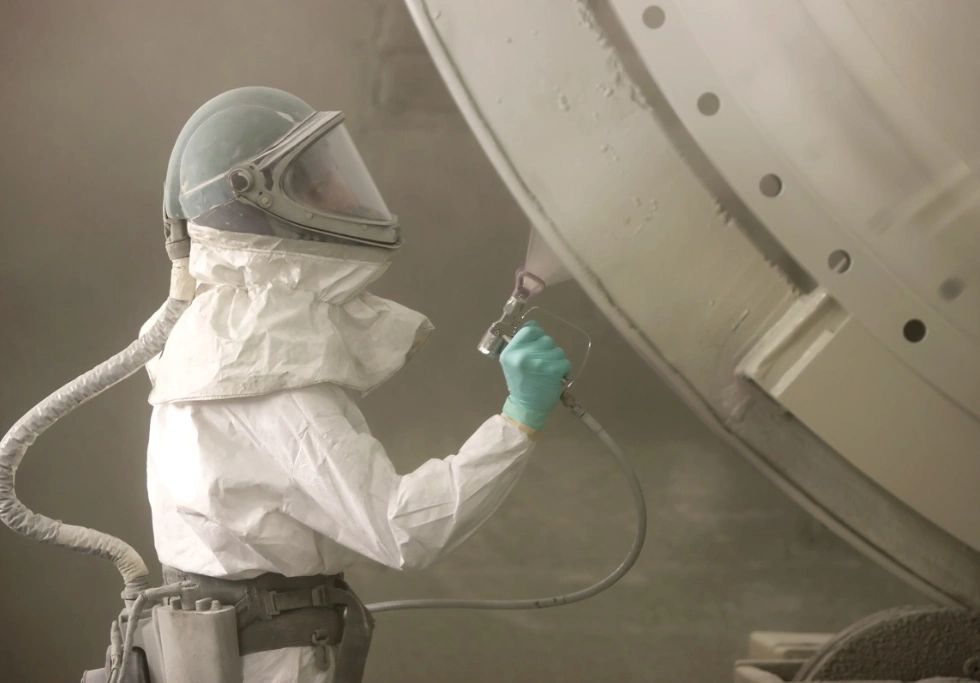 Person in protective suit spray painting an object.