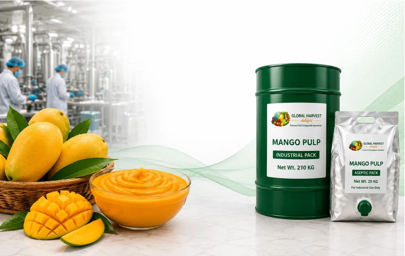 Aseptic Chaunsa Mango Pulp in industrial drum and bag packaging for food, beverage and dairy manufacturers in Canada and the United States.