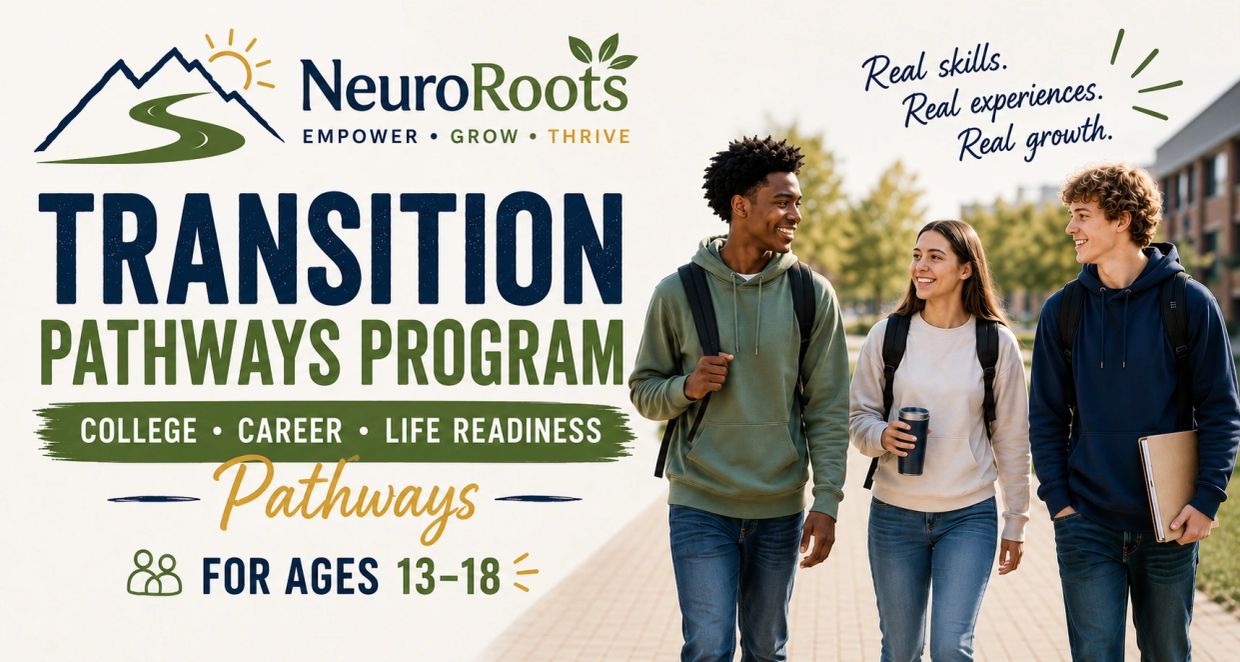 Three teenagers walking and chatting outdoors, promoting a transition pathways program for ages 13-18.