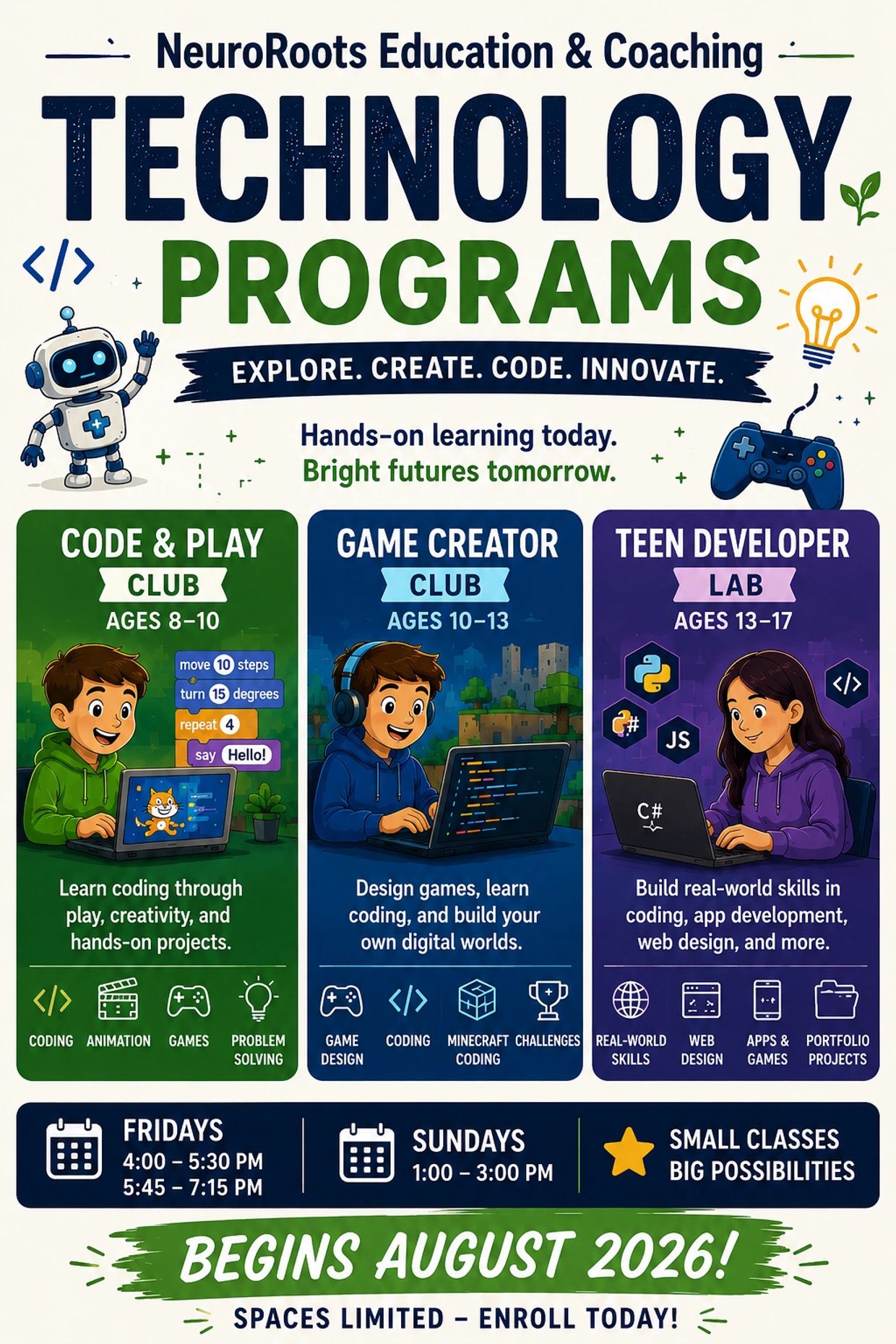 Technology programs for kids and teens focused on coding, game design, and app development.