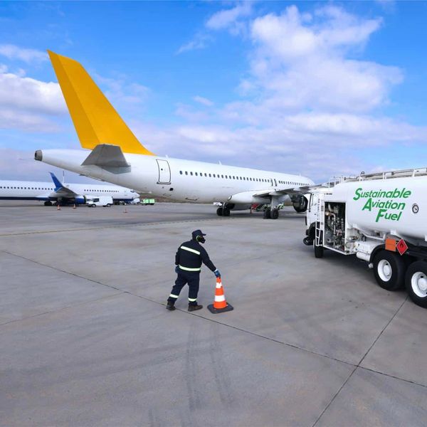 Worker handling an orange cone near a Sustainable Aviation Fuel truck and airplane.