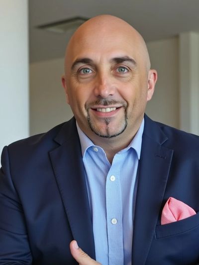 Smiling bald man in navy blazer and blue shirt.