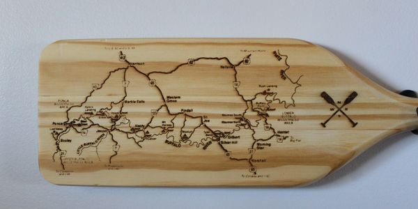 woodburned map of the Buffalo River on oar