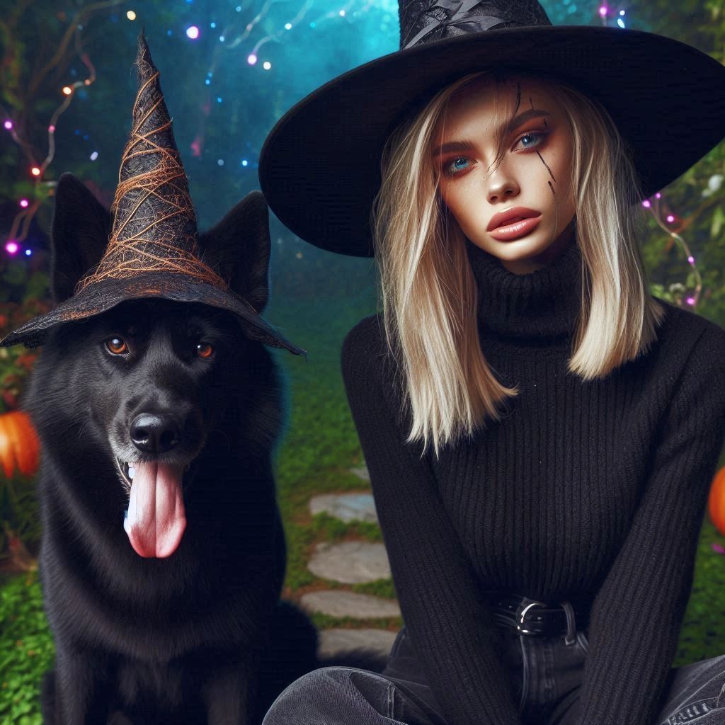 A young , blond witch and her large black dog, both in witches hats, gaze out curiously at you.