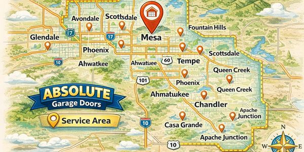 Map of Absoute Garage Doors service area in the Mesa Az region.