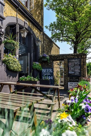 Tables outside the front of the Selkirk pub in Tooting, South London.