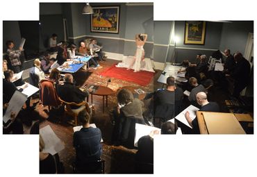 Burlesque performer Jessicats poses for Love2Sketch art class.