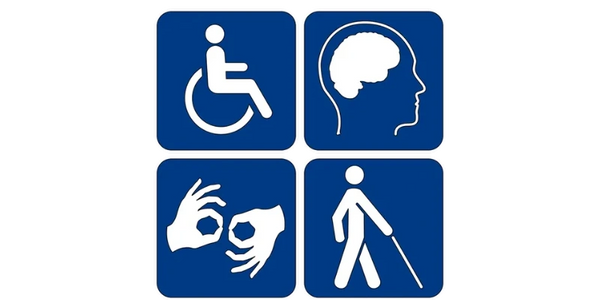  Four icons indicating wheelchair, a brain, sign language and someone using a white cane. 