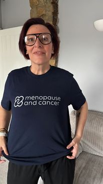 Jen in her favourite T-Shirt. Menopause & Cancer volunteering day.