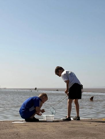 Two boys near water with a net and container, exploring nature.