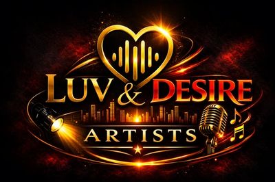 Glowing logo of Luv & Desire Artists with heart, microphone, and spotlight.