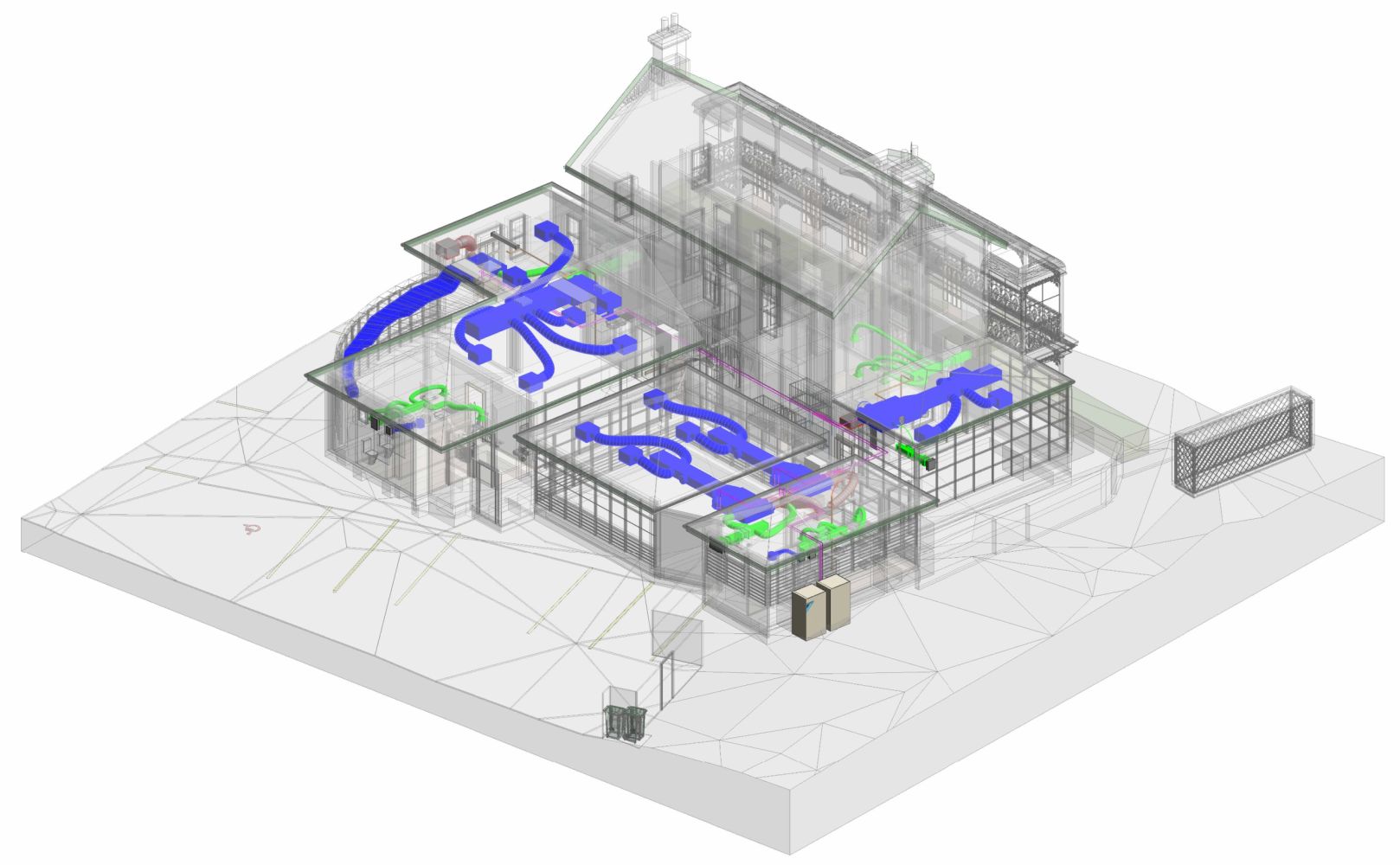 3D architectural model showing HVAC duct system in a residential building.