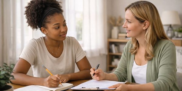 Teacher tutoring student in a cozy room.