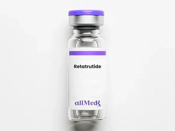 Vial labeled Retatrutide with purple cap.