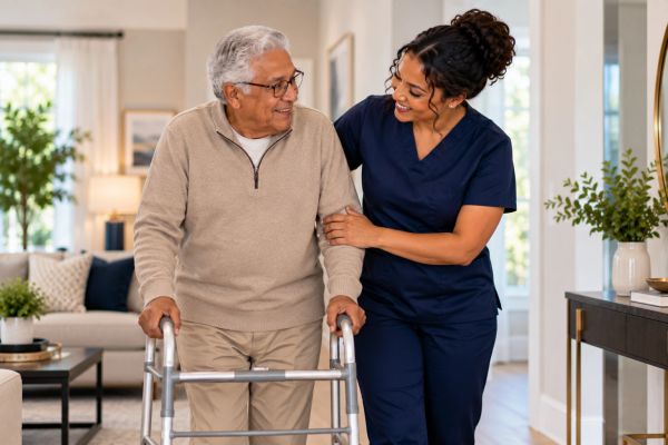 Caregiver assisting elderly man with walker.