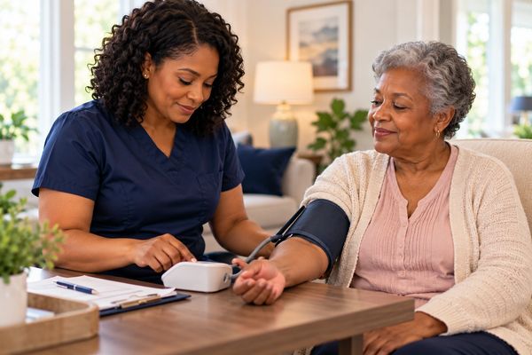 Nurse checking elderly woman's blood pressure at home.