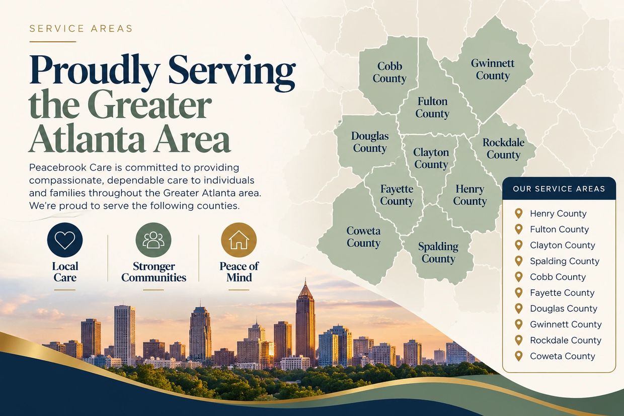 Map showing Greater Atlanta service areas by Peacebrook Care.