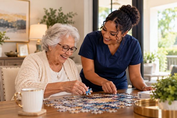 Elderly woman and nurse smiling while doing a puzzle.