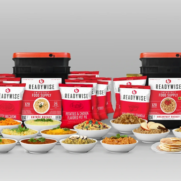 ReadyWise emergency food supply buckets with various meals displayed in bowls.