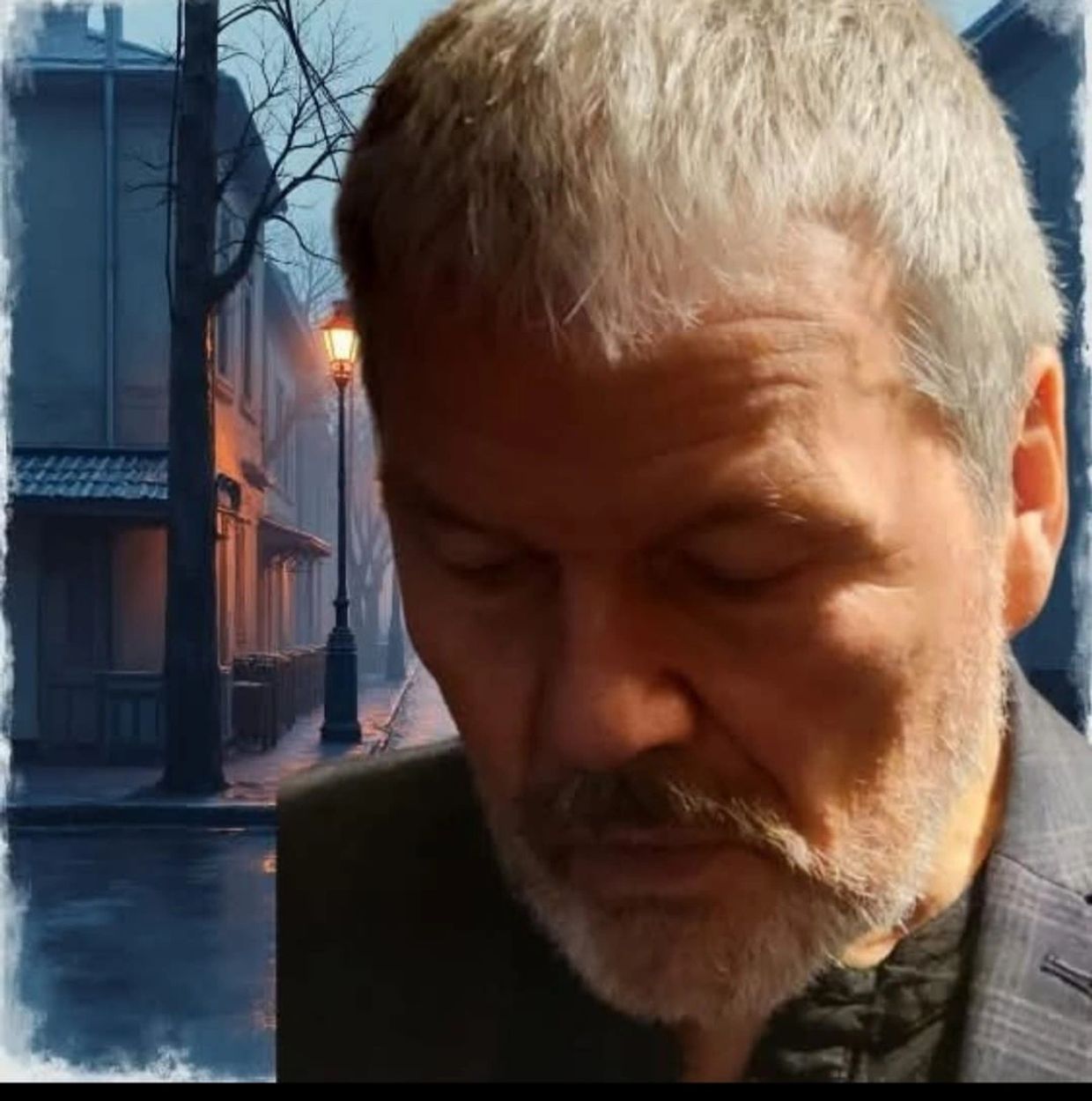 Pete Davies walking alone in the early morning down a deserted rain soaked street