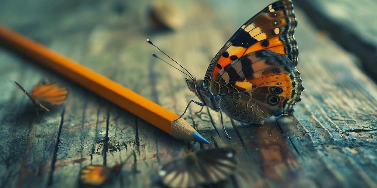 A vibrant butterfly perched on a blue-tipped yellow pencil on a rustic wooden surface.