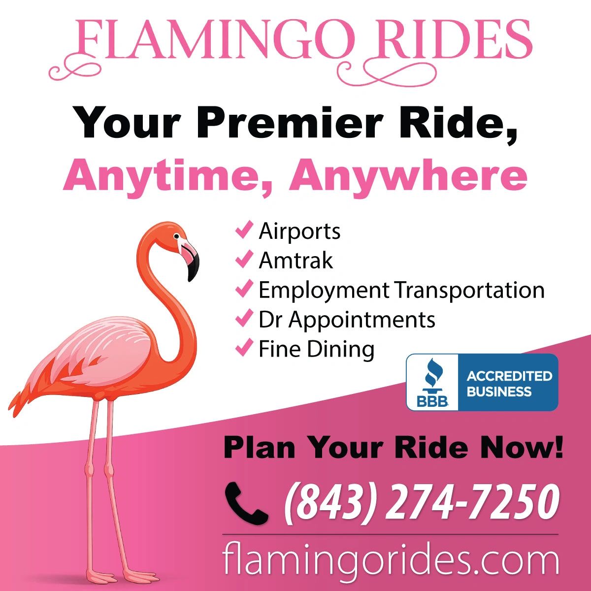 Flamingo Rides Your Premier Ride Anytime, Anywhere. Airport, Amtrak, Employment, Dr Appt, Fine Dine.