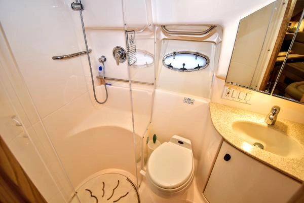 Large clean bathroom aboard Lake Michigan Charter fishing boat Relentless Pursuit