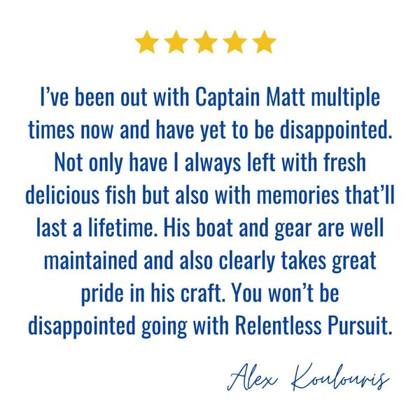 Relentless Pursuit Sport Fishing Testimonial from Alex Koulouris about Lake Michigan Fishing