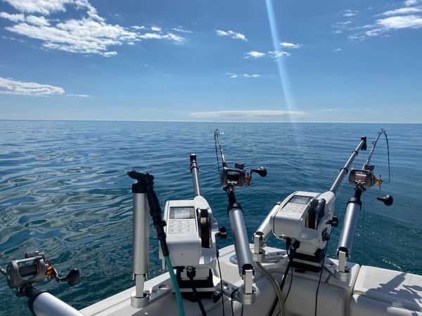 Sunny day view of downriggers during Lake Michigan Charter Fishing trip by Chicago