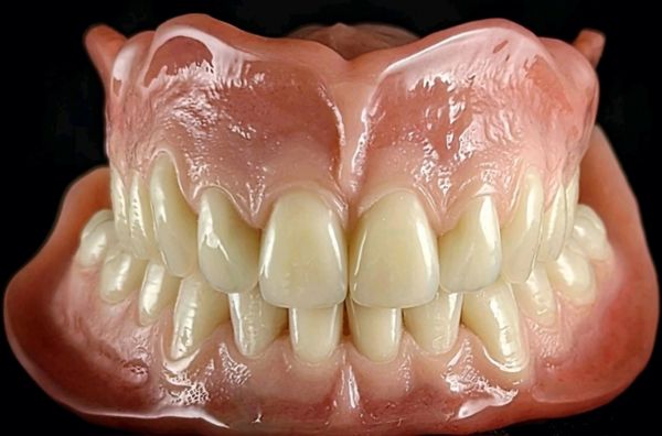 Close-up of a full set of upper and lower dentures with realistic teeth and gums.
