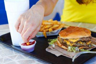 double burger and fries with ketchup at vic’s drive in friday harbor san juan island