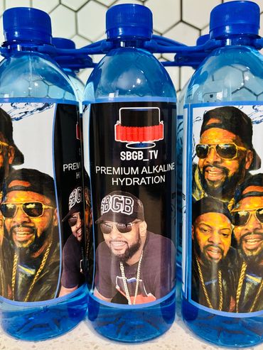 Bottled premium alkaline hydration with images of a man wearing sunglasses and cap.