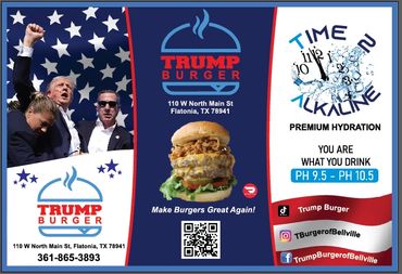 Advertisement for Trump Burger and alkaline water with location and contact details.
