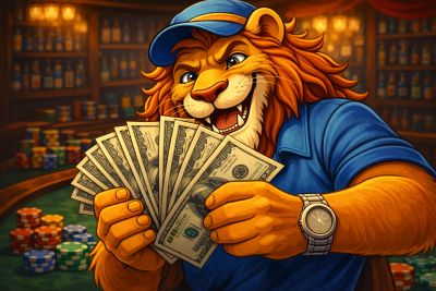 A confident lion holding cash in a casino setting.
