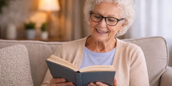Elderly woman reading a book with a smile in a cozy living room.