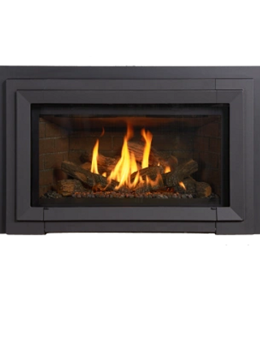gas fireplace insert with brick panels and a gas log set
