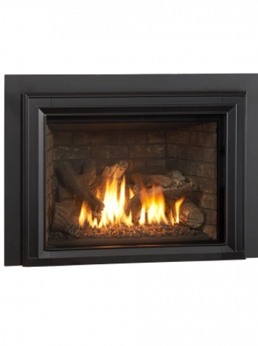 gas fireplace insert with brick panels and a gas log set