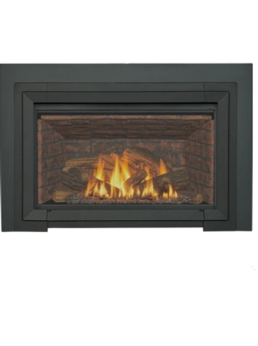 gas fireplace insert with brick panels, oversized surround, and gas log set
