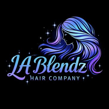 Logo of LA Blendz Hair Company with vibrant blue and purple hair illustration.