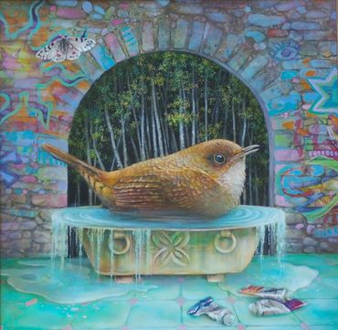 Bird in bath, bird in birdbath, contemporary bird painting, contemporary bird, modern bird painting,
