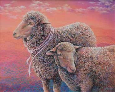 sheep oil painting, imaginative realism, magical realism,