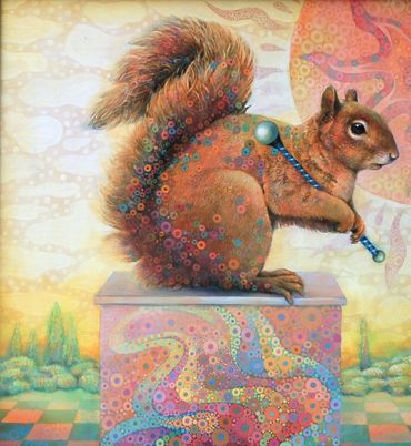 imaginative realism squirrel, squirrel painting for sale, magical realism squirrel, 
colorful squirr