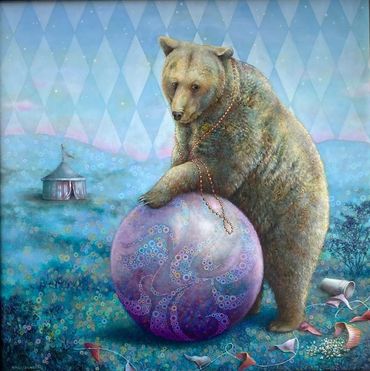 magical realism bear, imaginative realism bear, bear painting, bear at carnival, playful bear