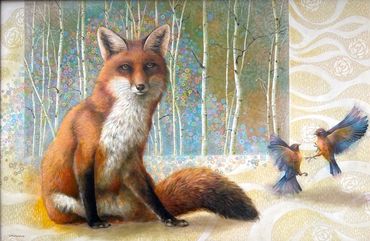 fox painting, magical realism fox, imaginative realism fox,  fox and birds, fox  in woods
