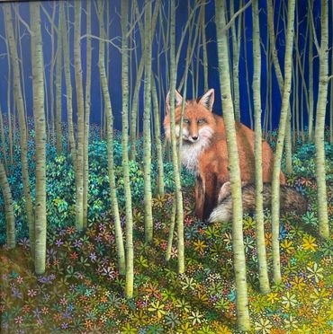 fox in sun, magical realism fox, fox in woods, imaginative realism fox, fox painting for sale,  fox 