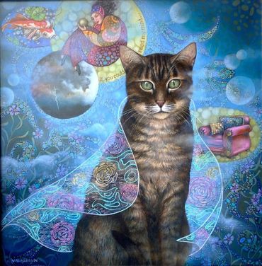 imaginative realism cat, magical realism cat, cat painting, tiger cat, cat painting for sale, 