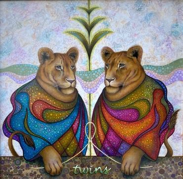 imaginative realism lions, magical realism lions, twins, twin lions, lion painting, magical realism 