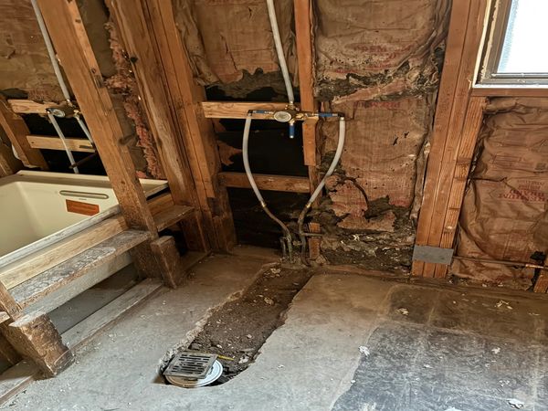 Partially demolished bathroom showing exposed plumbing and insulation.