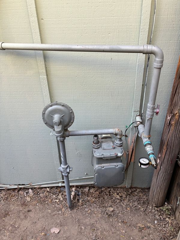 Outdoor gas meter with pipes and pressure gauge against a beige wall.