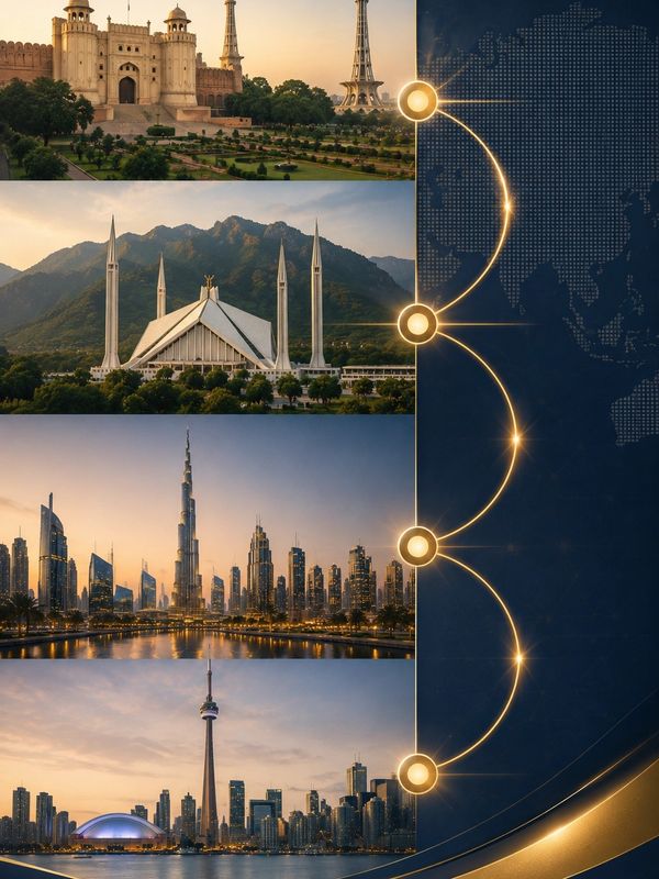 Four iconic cityscapes featuring landmarks at sunset.